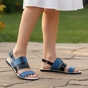Sol Sana Women Strappy Flat Sandal Size 39 Summer Blue Black Leather Buckle